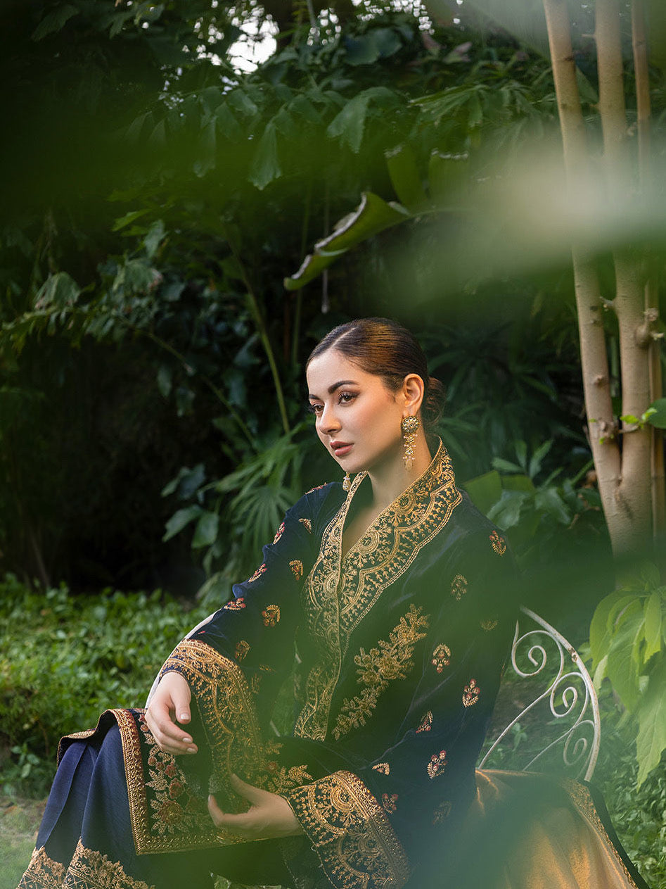VELVET 3PC EMBROIDERED SHIRT ORGANZA EMBORIDED DUPATA AND SILK TROUSER 625-RR