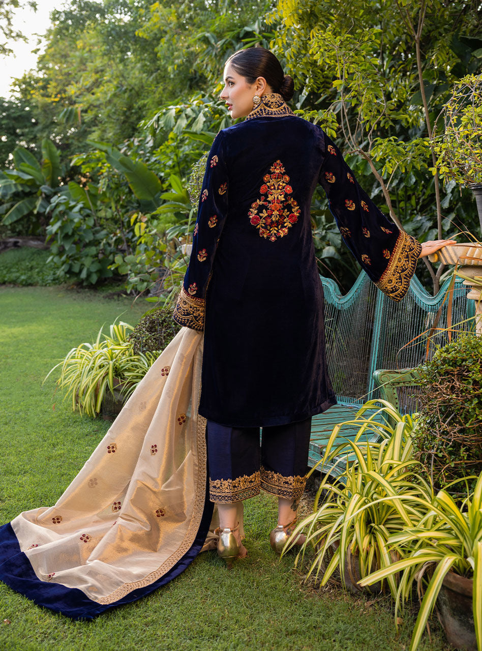 VELVET 3PC EMBROIDERED SHIRT ORGANZA EMBORIDED DUPATA AND SILK TROUSER 616-RR