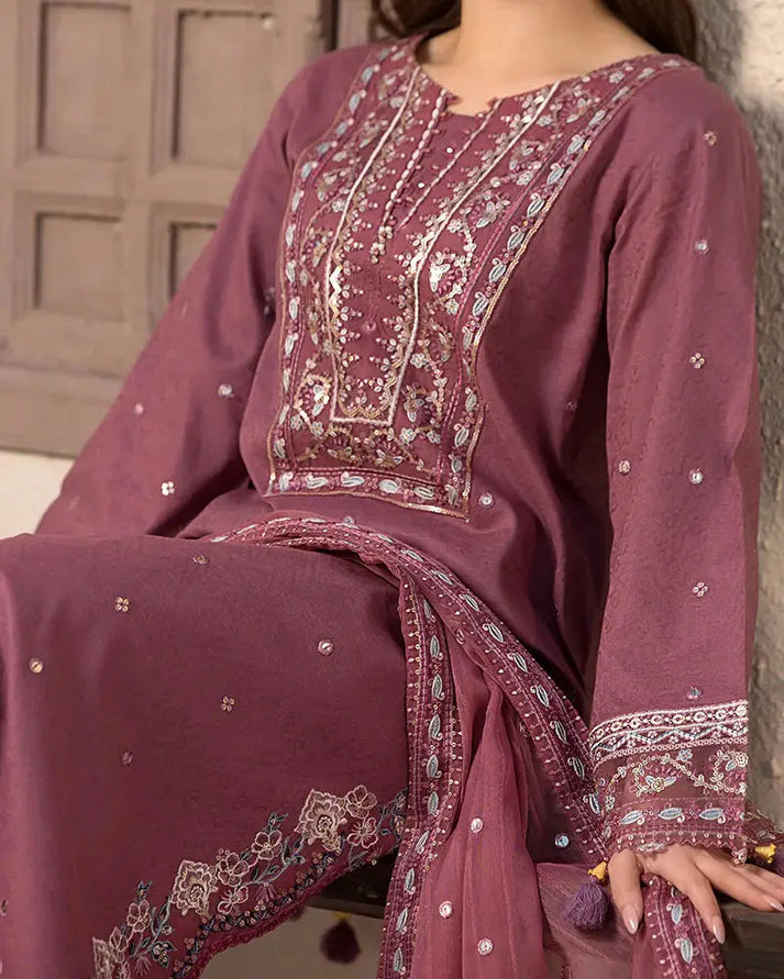 3PC DHANAK EMBROIDERED SHIRT WITH DHANAK (DAMAN-PATCH) EMBROIDERED SHAWL AND PLAIN TROUSE