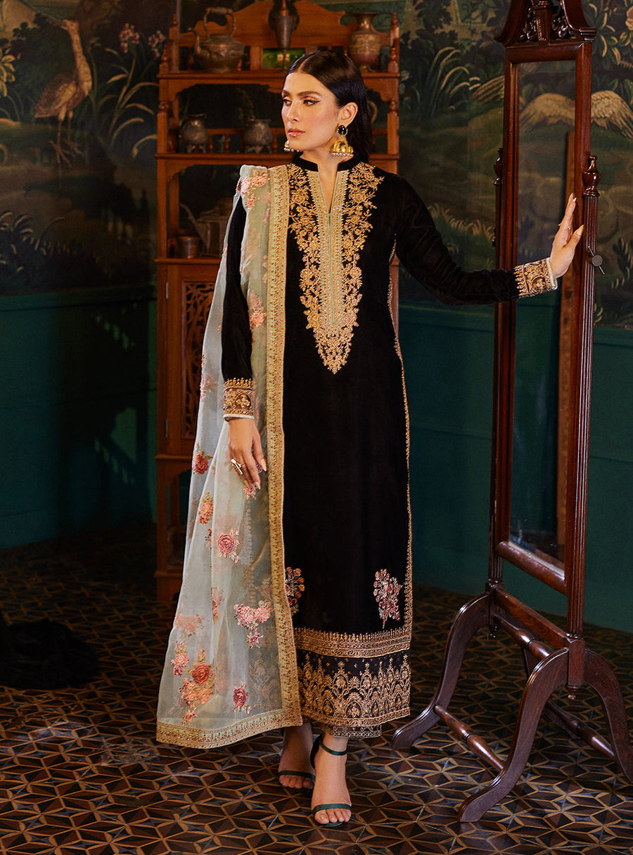 VELVET 3PC SHIRT EMBROIDERED ORGANZA EMBROIDERED PRINTED DUPATA SILK TROUSER 604-RR