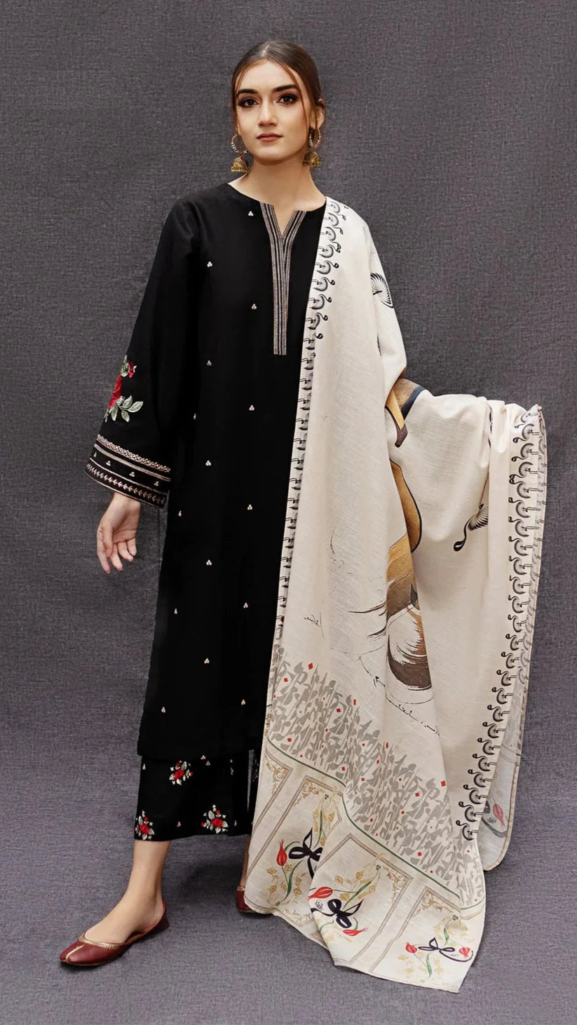 LAWN 3PC EMBROIDERED SHIRT PLAIN TROUSER (D-PATCH ) monar printed DUPATA D-1044
