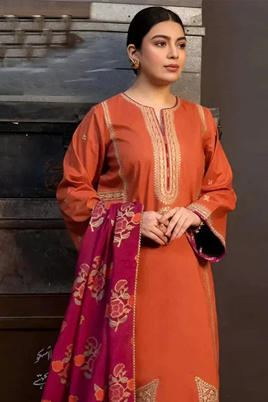 3PC DANAK EMBROIDERED SHIRT WITH MANAAR PRINTED DUPATTA AND TROUSER D-1060