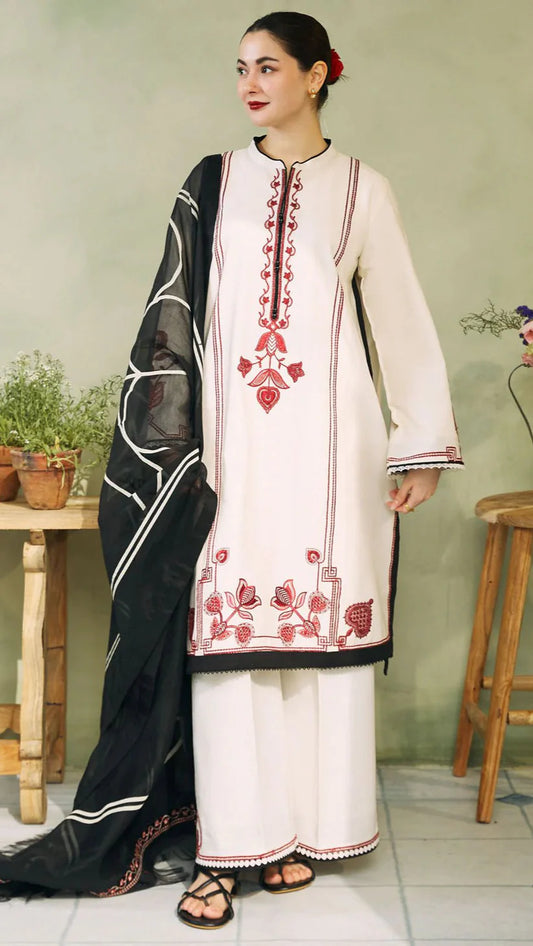 3PC LAWN EMBROIDERED SHIRT PRINTED DUPATA PLAIN TROUSER 8-A